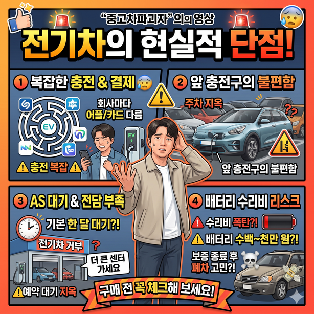전기차 단점: 충전 결제, 전면 충전구, 정비 대기와 배터리 수리비 위험을 정리한 인포그래픽